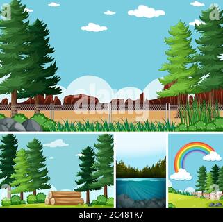 Four different scenes in nature setting cartoon style illustration Stock Vector
