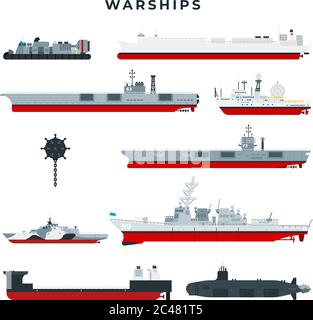 Warships of different types, set. Military boats, side view. Warship vector icons collection, isolated on white background. Stock Vector