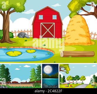 Four different scenes in nature setting cartoon style illustration Stock Vector