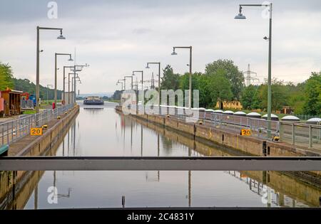 Canal boat on the Rhine Main Danube Canal near Nuremberg Stock Photo
