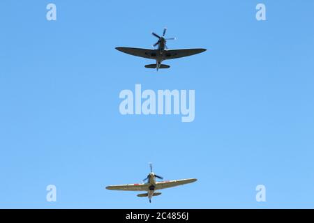 Two aircraft from the BBMF at the Leuchars Airshow in 2012, with a Supermarine Spitfire PR.XIX (PM631) leading a Hawker Hurricane IIc (LF363). Stock Photo