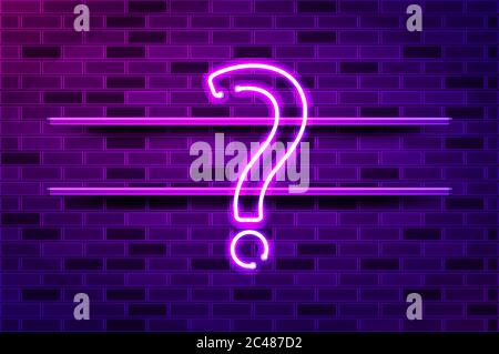 Question mark glowing neon sign or LED strip light. Realistic vector illustration. Purple brick wall, violet glow, metal holders. Stock Vector