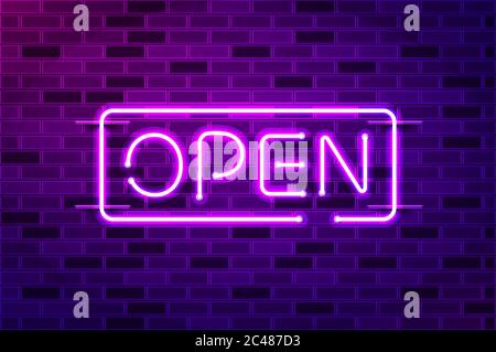 Open glowing neon sign or LED strip light. Realistic vector illustration. Purple brick wall, violet glow, metal holders. Stock Vector