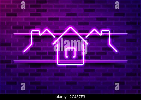 Real estate, village glowing neon sign or LED strip light. Realistic vector illustration. Purple brick wall, violet glow, metal holders. Stock Vector