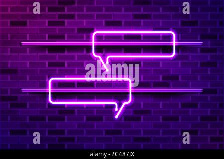 Narrow horizontal square speech bubble glowing neon sign or LED strip light. Realistic vector illustration. Purple brick wall, violet glow, metal hold Stock Vector