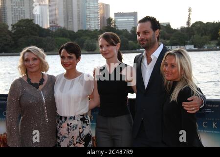 L-R: Author Robyn Davidson, Actress Jessica Tovey, Actress Mia Wasikowska, Producer Emile Sherman and wife Caroline Sherman arrive on the red carpet f Stock Photo