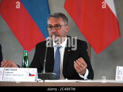 Prague, Czech Republic. 24th June, 2020. Czech Defense Minister Lubomir Metnar speaks during a press conference in Prague, the Czech Republic, on June 24, 2020. Defense ministers of Hungary, the Czech Republic, and Slovakia, and deputy defense minister of Poland, met here Wednesday to discuss mutual defense alliance before the handover of the group's presidency from the Czech Republic to Poland. Credit: Dana Kesnerova/Xinhua/Alamy Live News Stock Photo