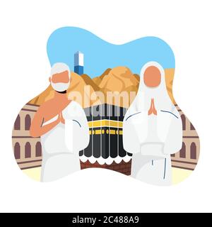 Hajj pilgrimage with couple in kaaba scene vector illustration design Stock Vector