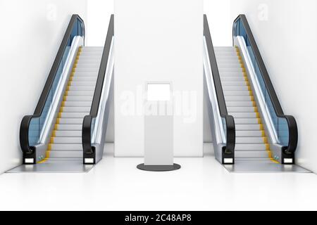 White Information Stands With Touch Screen Display between Modern Luxury Escalators on Indoor Building Shopping Center, Airport or Metro Station extre Stock Photo