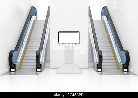 Computer Information LCD Display Stand between Modern Luxury Escalators on Indoor Building Shopping Center, Airport or Metro Station extreme closeup. Stock Photo