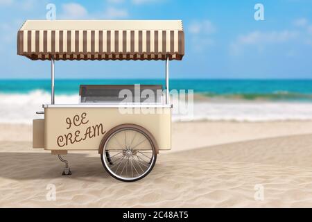 Summer Vacation Concept. Ice Cream Cart on an Ocean Deserted Coast extreme closeup. 3d Rendering Stock Photo