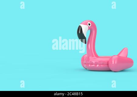 Summer Swimming Pool Inflantable Rubber Pink Flamingo Toy on a blue background. 3d Rendering Stock Photo