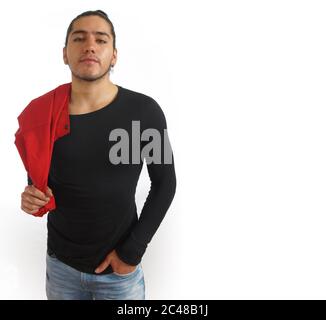 Model man in red pants and black shirt 
