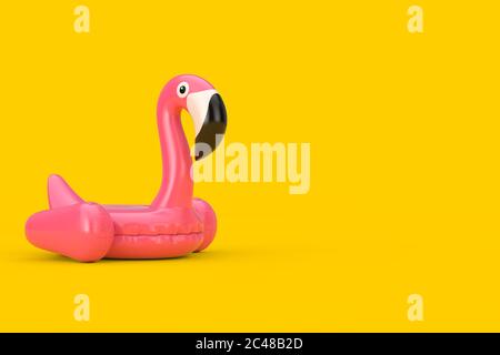 Summer Swimming Pool Inflantable Rubber Pink Flamingo Toy on a yellow background. 3d Rendering Stock Photo