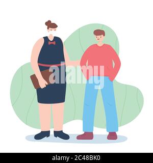 thank you essential workers, waitress and boy characters, wearing face mask, coronavirus covid 19 disease vector illustration Stock Vector