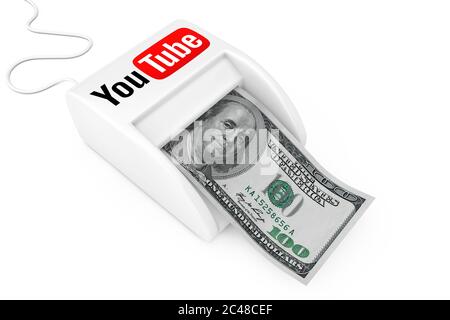 KIEV, UKRAINE - May, 17: Make Money with YouTube Concept. Money Maker YouTube Machine with Dollars Banknote on a white background. 3d Rendering Stock Photo