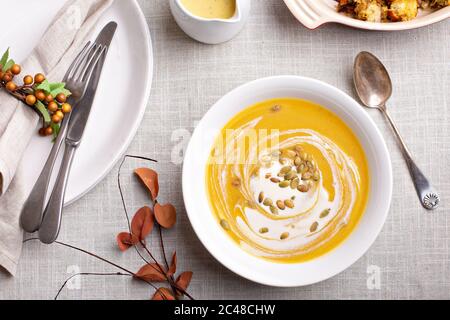 Pumpkin soup with cream Stock Photo