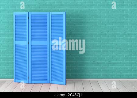 Blue Folding Wooden Dress Screen in front of Aquamarine Brick Wall background. 3d Rendering Stock Photo