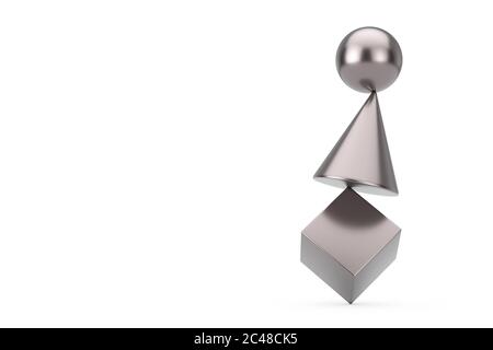 Metal Cube, Sphere and Cone in Balance Concept on a white background. 3d Rendering Stock Photo