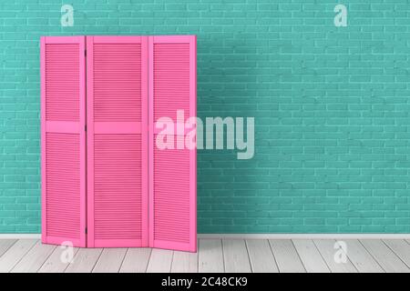 Pink Folding Wooden Dress Screen in front of Aquamarine Brick Wall background. 3d Rendering Stock Photo