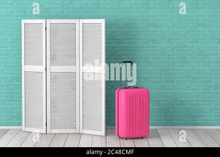 White Folding Wooden Dress Screen with Pink Suitcase in front of Aquamarine Brick Wall background. 3d Rendering Stock Photo