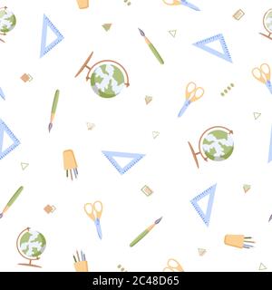 Seamless pattern with various school supplies on a white background. Vector illustration in flat style. Stock Vector