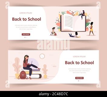 Welcome back to school. Girls reading book. Smart students. Women cartoon character. Modern vector illustration in flat style. Web banner for diverse Stock Vector