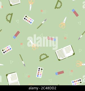 Seamless pattern with various school supplies on a green background. Vector illustration in flat style. Stock Vector