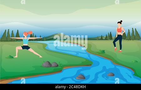 girls are doing exercises near the river Stock Vector