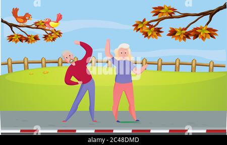 old couple is doing exercises in the garden Stock Vector