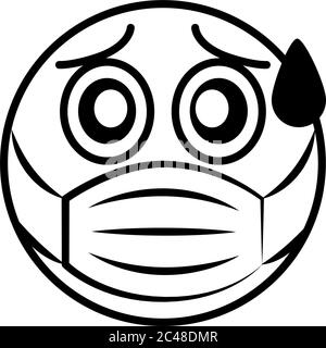 emoticon fearful with medical mask coronavirus covid-19 pandemic, line cartoon style vector illustration Stock Vector