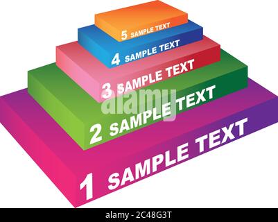 Vector illustration of stacked up five colorful rectangular blocks forming a pyramid isolated on white background. Area on steps for text and message. Stock Vector