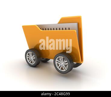 3D rendering illustration of a folder on car wheels isolated on a white background Stock Photo