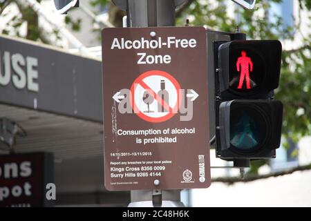 An alcohol free zone is marked along Darlinghurst Road in Kings Cross, Sydney. Stock Photo