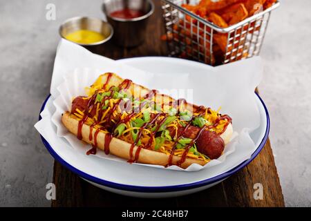 Grilled bacon wrapped hot dog Stock Photo