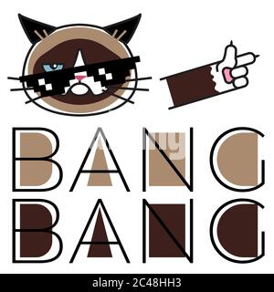 Grumpy cat in pixel glasses. Bang, bang gangster style. Design for greeting card, sticker, poster, t shirts Stock Vector