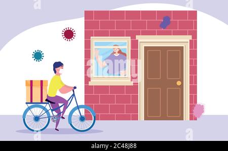 safe delivery at home during coronavirus covid-19, courier man riding bike and customer waiting deliver in house vector illustration Stock Vector