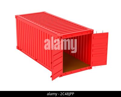 A render of a red shipping container with open doors and empty inside ...