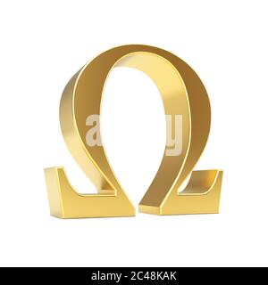 Golden Greek Omega Letter Symbol on a white background. 3d Rendering Stock Photo