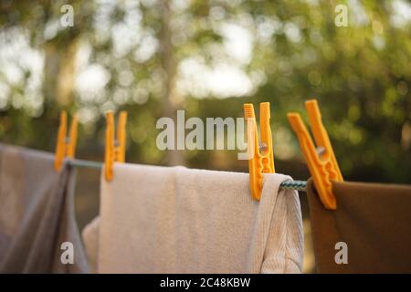 Different clothes are dried on a rope with yellow clothespins in a summer garden. Close up, blurred natural background. Stock Photo