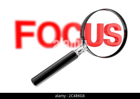 Magnifier Focused Glass Concept with Red Blurry Focus Sign on a white background. 3d Rendering Stock Photo