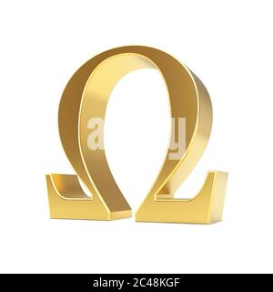 Golden Greek Omega Letter Symbol on a white background. 3d Rendering Stock Photo