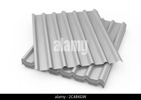 Stack of Steel Metal Zinc Galvanized Wave Sheets for Roof on a white background. 3d Rendering Stock Photo