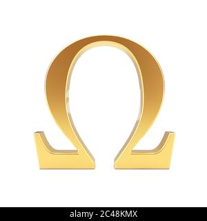 Golden Greek Omega Letter Symbol on a white background. 3d Rendering Stock Photo