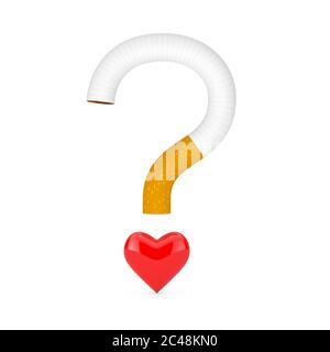 Stop Smoking Concept. Cigarette Bent in Form of Question Mark with Red Heart on a white background. 3d Rendering Stock Photo