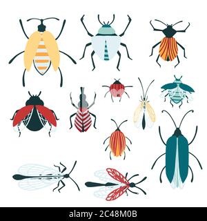 Set of cartoon simple beetle collection colored different insects flat vector illustration isolated on white background Stock Vector