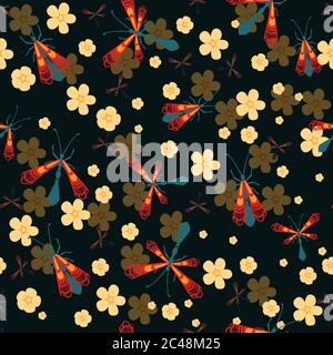 Seamless pattern of cartoon simple beetle collection colored insects flat vector illustration on dark background with flowers Stock Vector