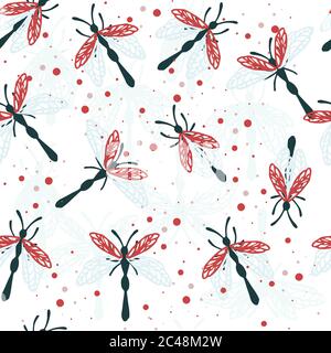 Seamless pattern of cartoon simple beetle collection colored insects flat vector illustration on white background Stock Vector