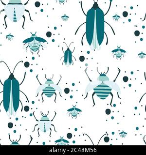 Seamless pattern of cartoon simple beetle collection colored insects flat vector illustration on white background Stock Vector