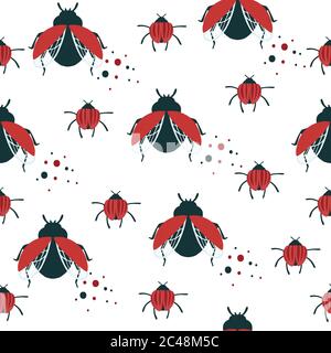 Seamless pattern of cartoon simple beetle collection colored insects flat vector illustration on white background Stock Vector